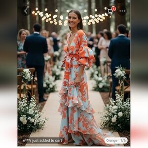 Elegant Floral Maxi Dress in Orange and Blue